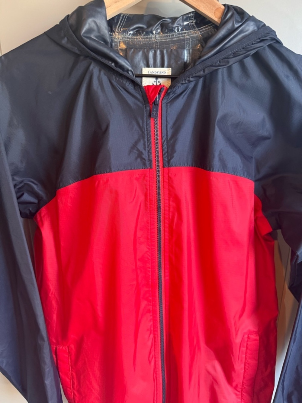 LANDS END Kids 14 / 16 Large Rain Coat Windproof Jacket Blue Red Packable Hood - Picture 4 of 13